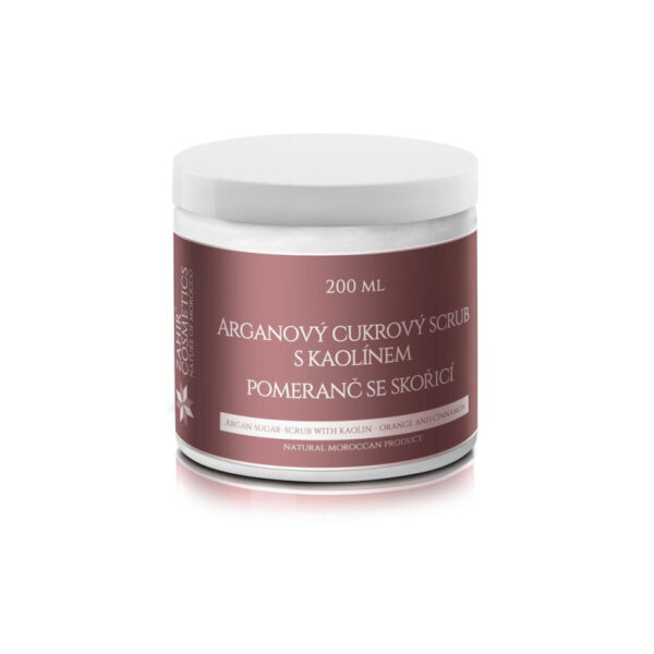 Arganový Cukrový Scrub s Kaolínem 200 ml – Pomeranč, Skořice a Sametová Pokožka